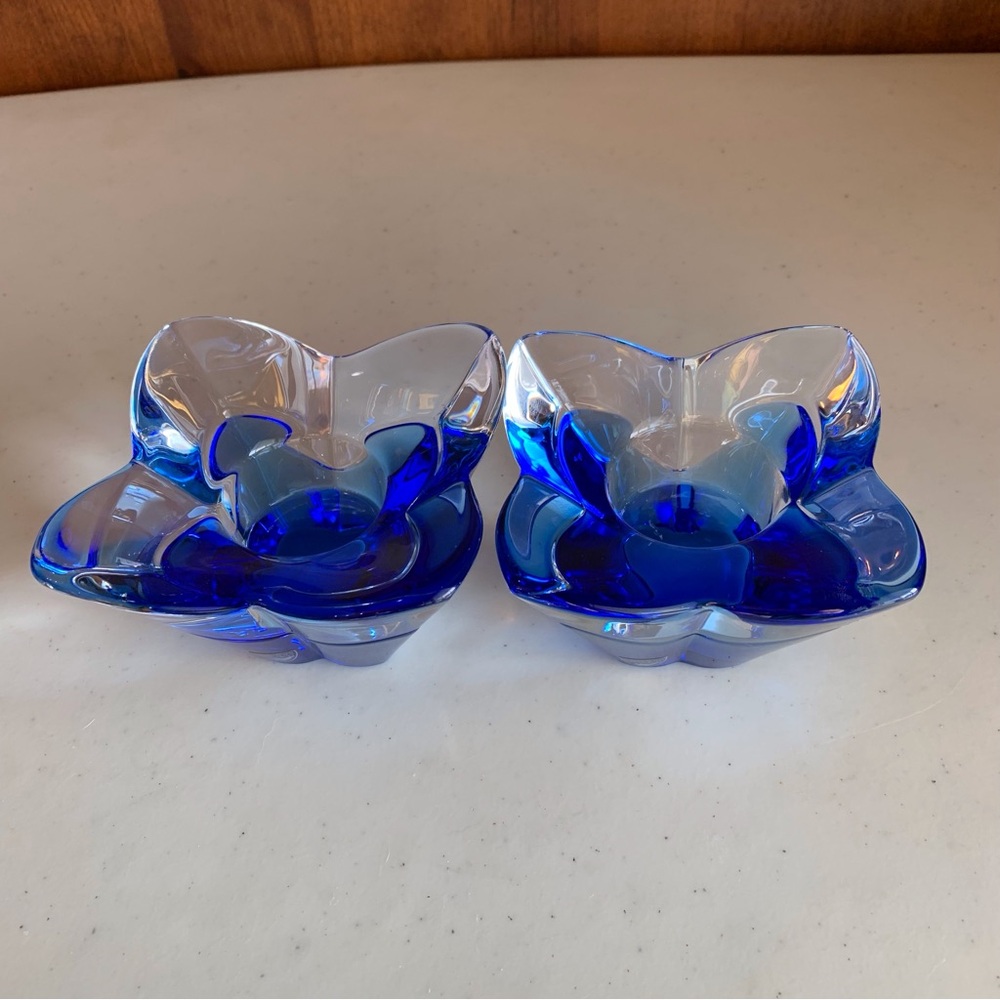 Orrifors Lars Hellsten Sweden Cornflower Crystal Votive Holders Signed Stickers